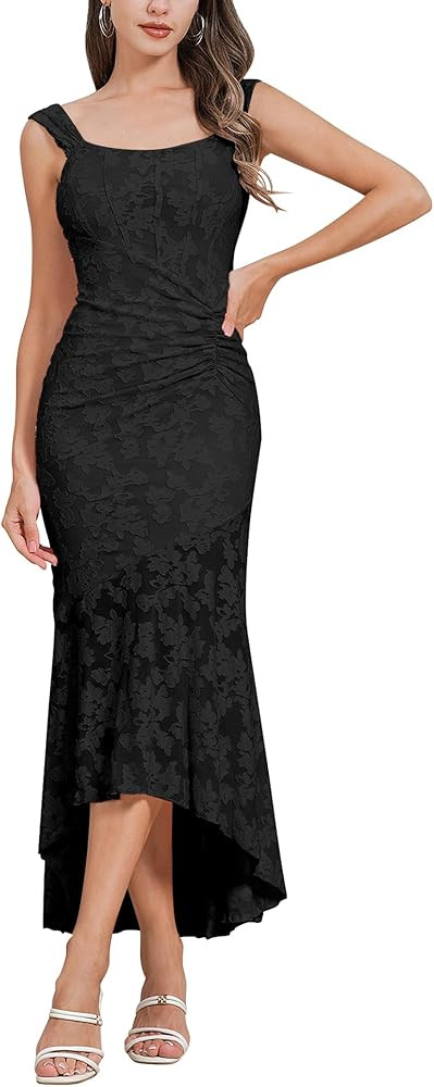 Womens Floral Jacquard Ruched Mermaid Hem Bodycon Cami Maxi Dress Going Out Party Dress Summer | Amazon (US)