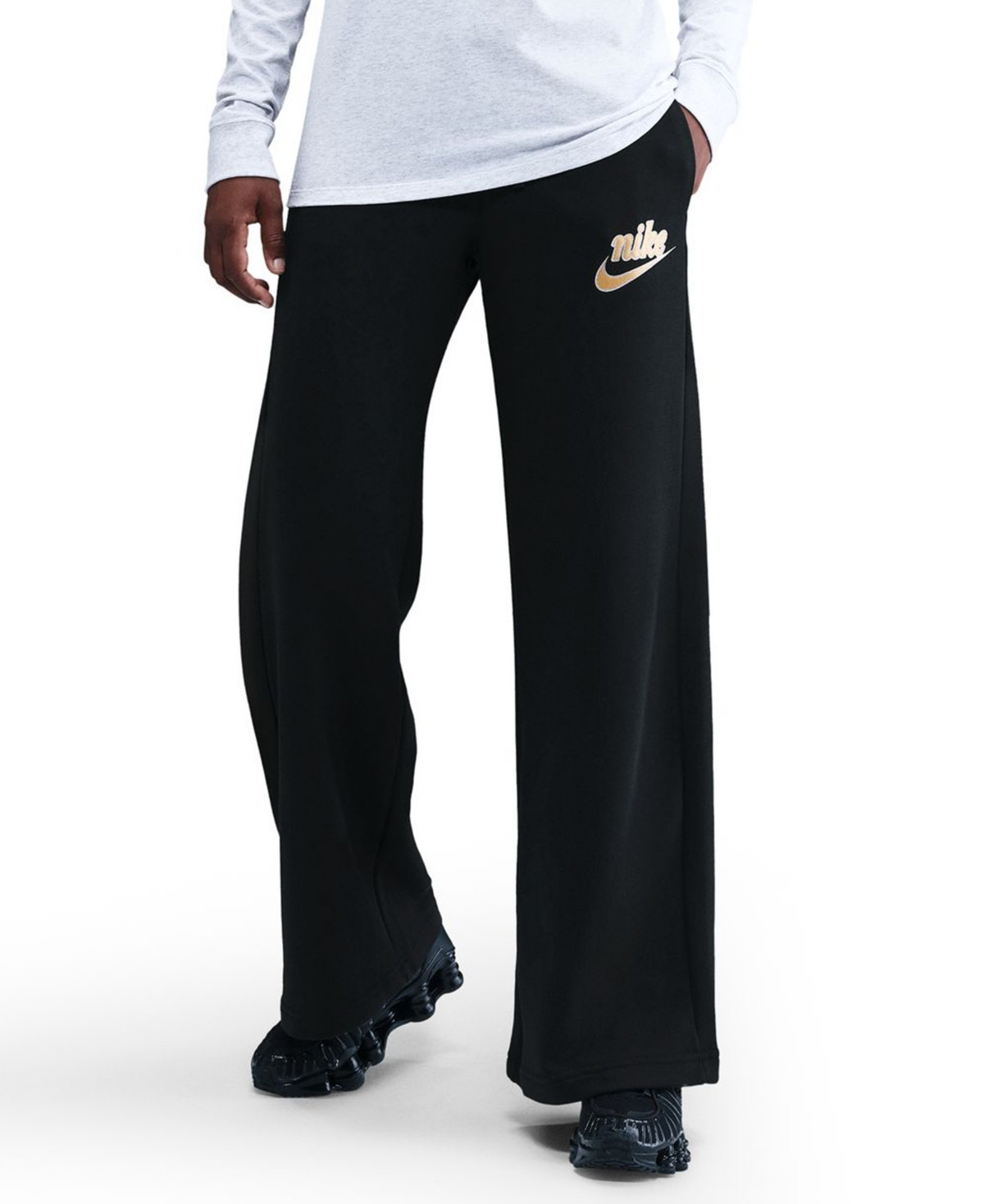 Nike Women's Club Fleece Mid-Rise Wide-Leg Pants - Black/Metallic Gold | Macy's