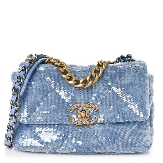 Sequin Quilted Medium Chanel 19 Flap Light Blue | FASHIONPHILE (US)