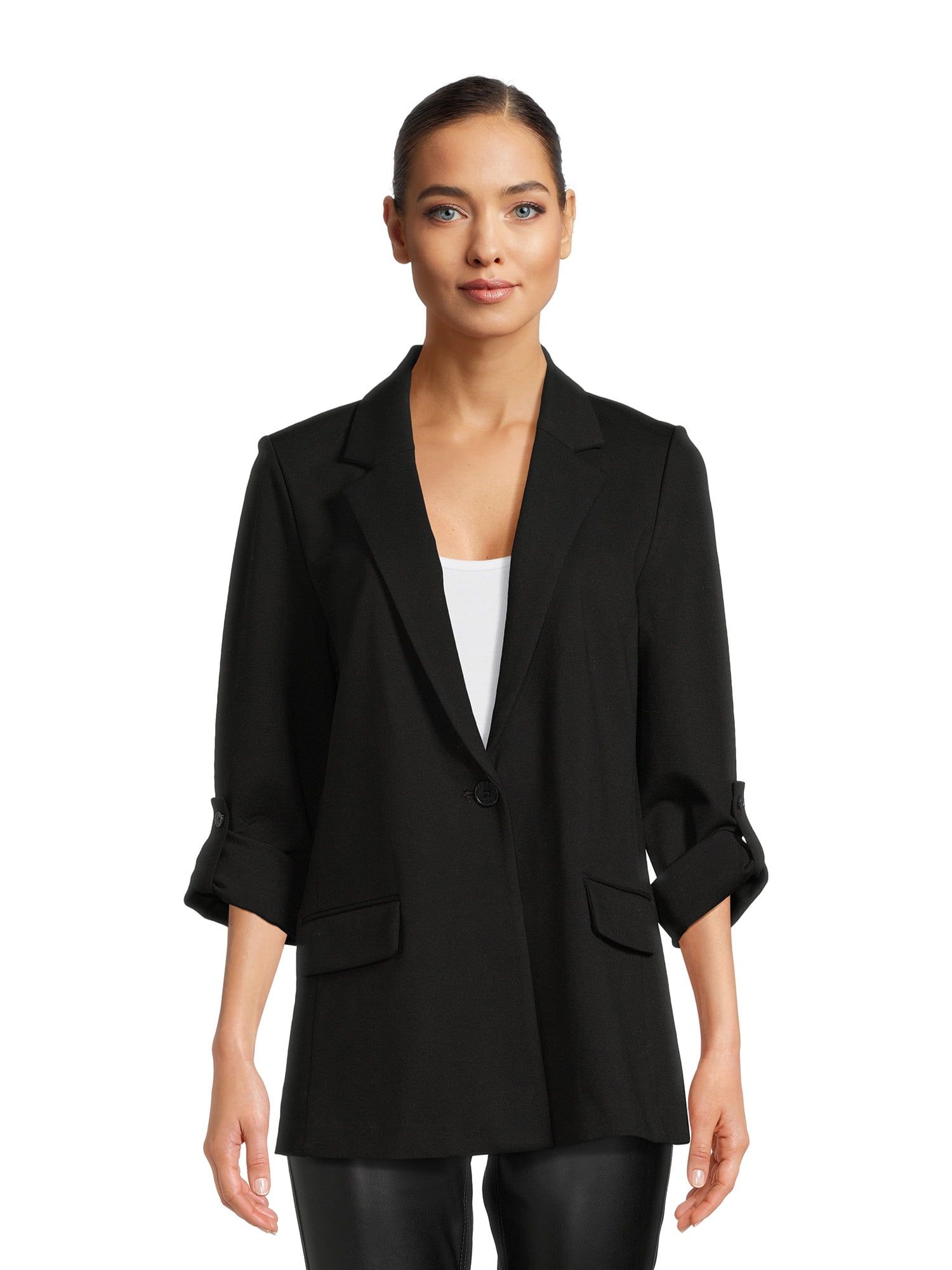 Time and True Women's Relaxed Fit Button Front Ponte Blazer with Adjustable Sleeves, Sizes XS-XXX... | Walmart (US)