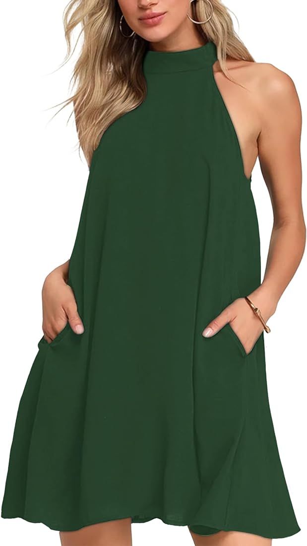 WNEEDU Womens Summer Dresses Halter Neck Sleeveless Casual Beach Sundress with Pockets | Amazon (CA)