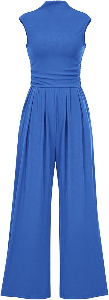 KIRUNDO Womens Jumpsuit Dressy Casual Summer Outfits One Piece Cap Sleeve Mock Neck Wide Leg Pant... | Amazon (US)