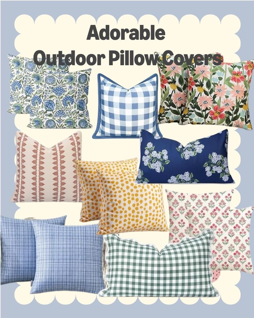 Dress up your porch or patio with new outdoor pillow covers I. Beautiful colors and patterns. Florals, stripes, gingham, scalloped edges, and more. These will look beautiful on your deck, patio, balcony, or anywhere else!

#LTKSeasonal #LTKHome #LTKSaleAlert