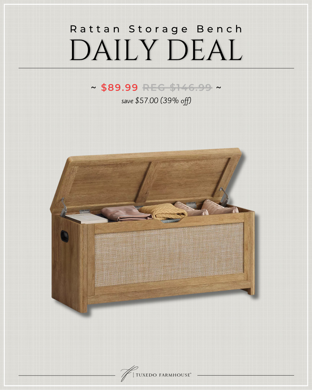 Cozy Boho Statement: Claim your boho vibes with this storage chest. The woven rattan look and rounded corners create a warm, relaxed feel that instantly elevates your entryway, living room, or bedroom, giving you an inviting space that looks thoughtfully styled.Spacious, Sturdy & Safe: A roomy interior hides blankets, pillows, clothes, and more, helping keep your home neat and tidy. Built with thick panels and a top that supports up to 300 lb, it doubles as a sturdy bench. The water- and stain-resistant synthetic rattan wipes clean in seconds, while rounded corners offer a family-friendly, protective design.Specifications:Color: Natural BrownMaterial: MDF (Medium Density Fiberboard), Particleboard, Synthetic RattanProduct Size: 15.7"D x 39.4"W x 18.9"H (40 x 100 x 48 cm)Product Weight: 40.7 lb (17.8 kg)Max. Static Load Capacity of the Top Seat: 300 lb (136 kg)Package Contents:1 x Shoe Bench1 x Assembly Kit1 x Instructions 

 #LTKSeasonal #LTKHome #LTKSaleAlert