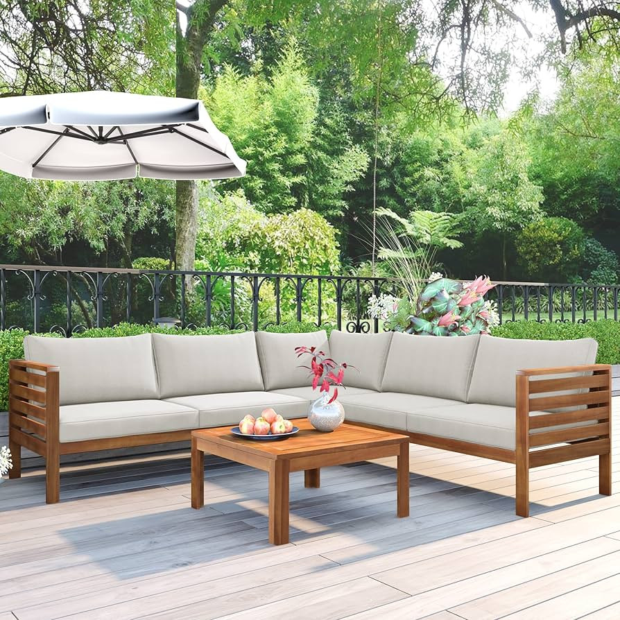 Outdoor Eucalyptus Wood 4 Piece Sectional Sofa Set with Coffee Table and Removable Cushion, Patio... | Amazon (US)