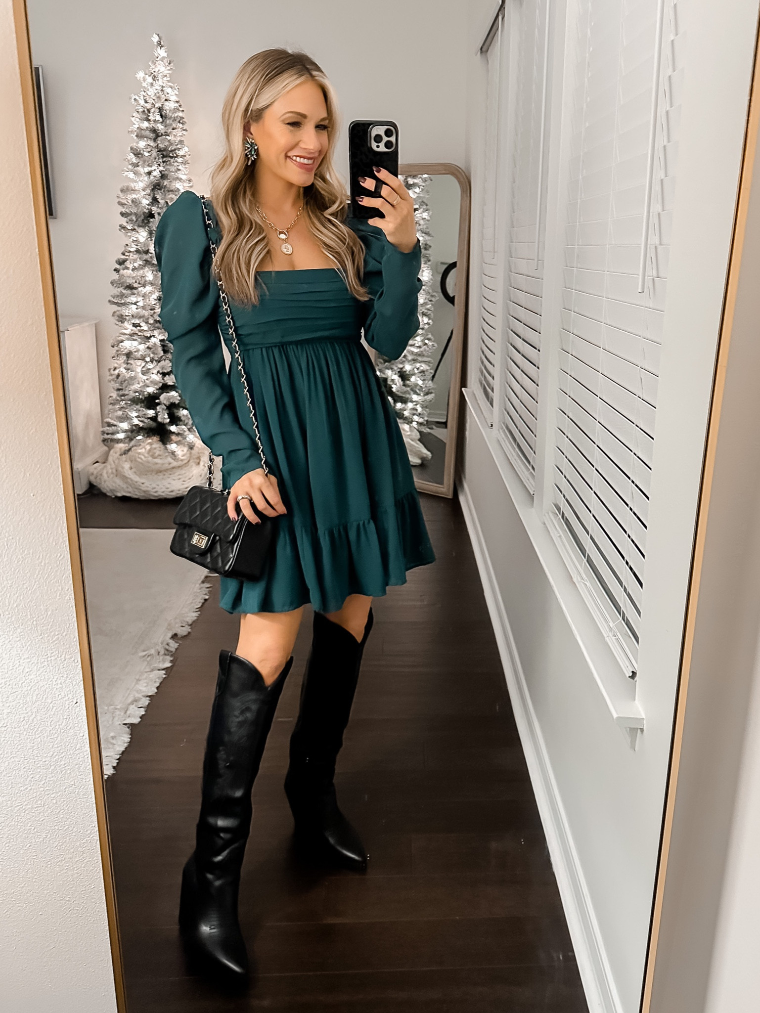 Wearing an xs in Abercrombie dress and runs tts. Also comes in black. //

Amazon western boots. Black quilted bag. Holiday dress. Christmas dress  

#LTKHoliday #LTKSeasonal #LTKshoecrush