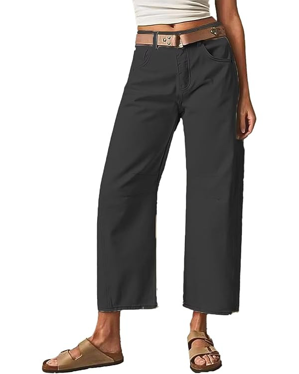 Flamingals Women’s Mid Waist Crop Straight Leg Jeans Solid Stitch Detail Casual Fashion Trendy ... | Amazon (US)