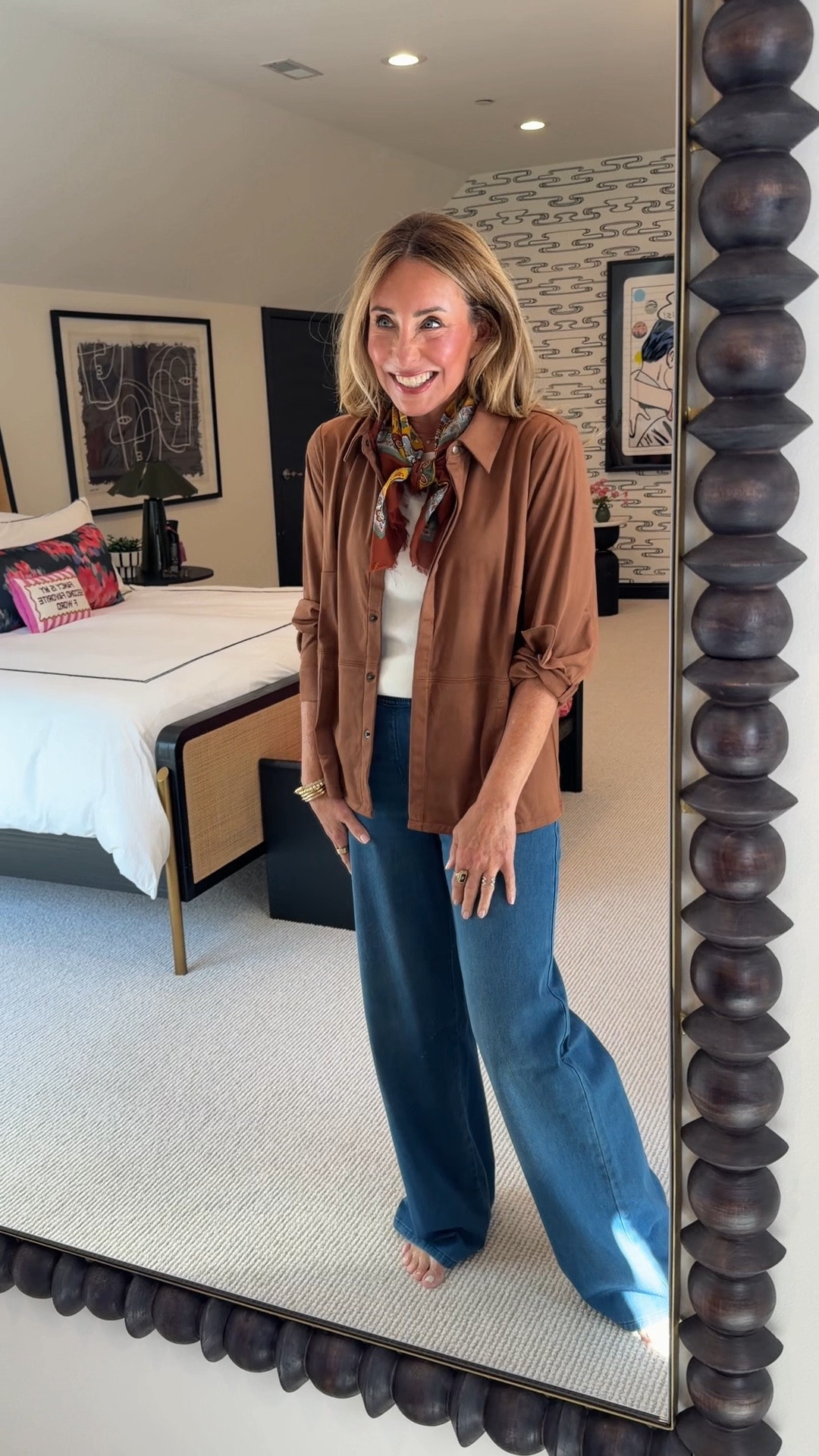 White ribbed sweater + pull-on jeans + a gorgeous printed scarf + a suede shacket. This is the "I got dressed in 10 minutes and somehow look completely put together" outfit.

The scarf is doing a lot of work here (in the best way). And the suede shacket? Amazeballs. It's the kind of piece you throw on over everything and suddenly your whole look lands.🫶🏻✨

#LTKgrwm #LTKdayinmylife #LTKootd