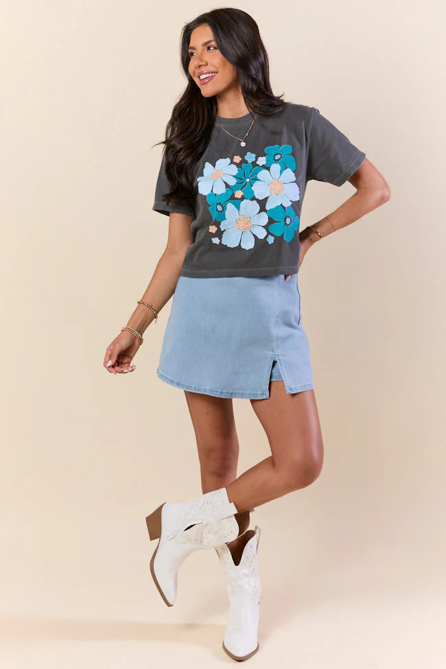 Organic Floral Print Grey Boxy Graphic Tee | Pink Lily
