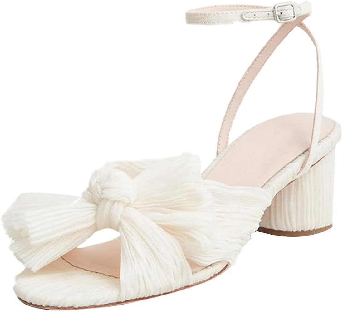 Vimisaoi Womens High Block Chunky Heel Sandals Fashion Open Toe Ankle Buckle Strap Pleated Bow Heel  | Amazon (US)