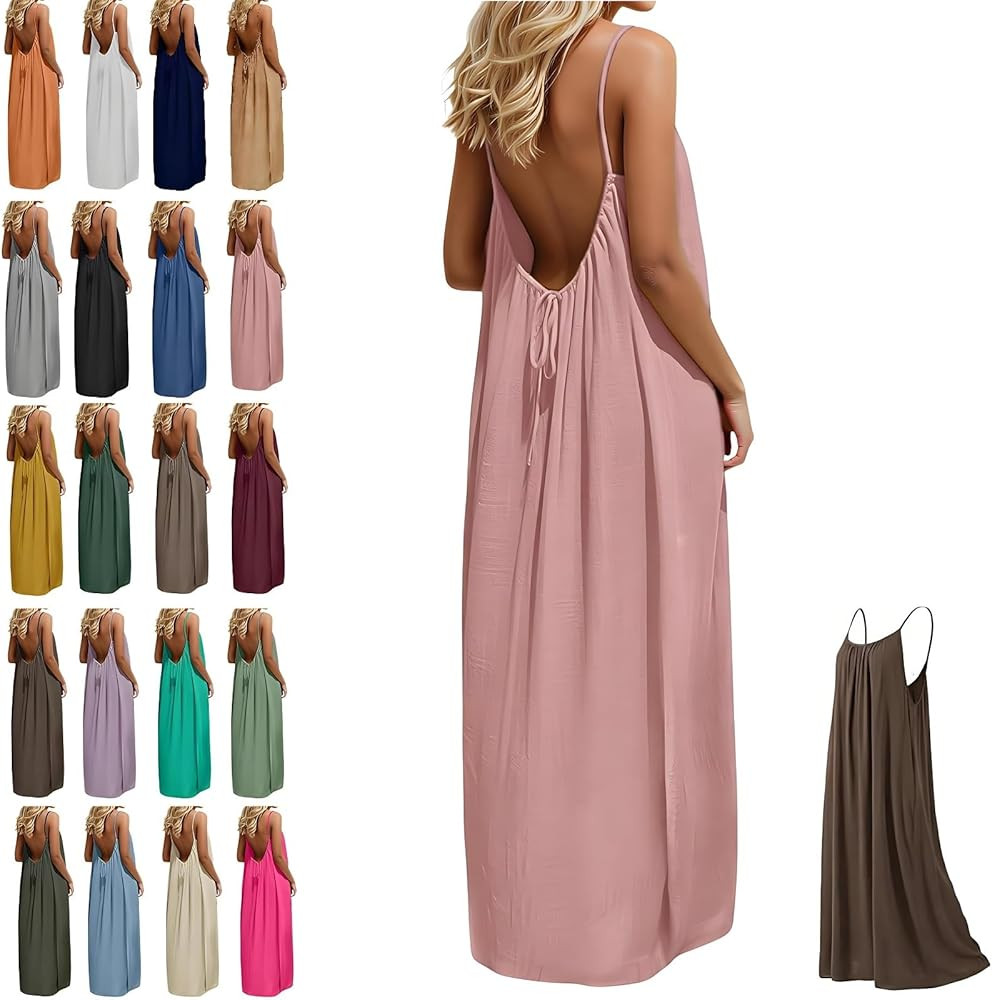 Backless Cami Dresses for Women, New Summer Adjustable Straps Sleeveless Long Beach & House Dress | Amazon (US)