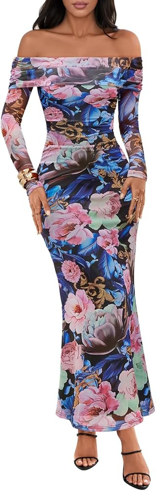 MEROKEETY Women's Fall Off Shoulder Floral Maxi Dresses Formal Long Sleeve Bodycon Cocktail Weddi... | Amazon (US)