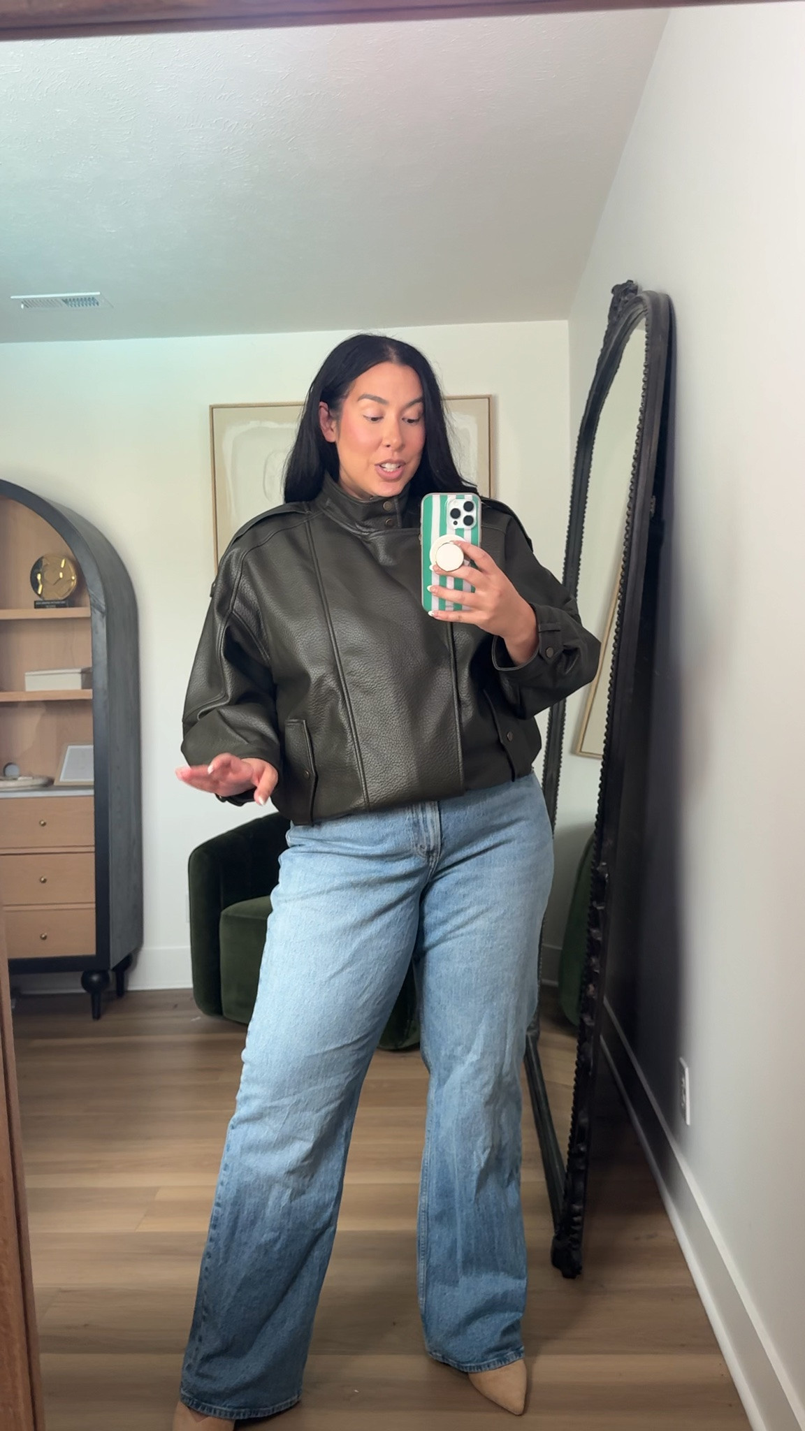 A good faux leather jacket is a fall staple! This comes in tons of colors and is so good! Wear a large! Pants are a 33 long. Midsize, midsize fashion, fall, Abercrombie

#LTKSeasonal #LTKMidsize