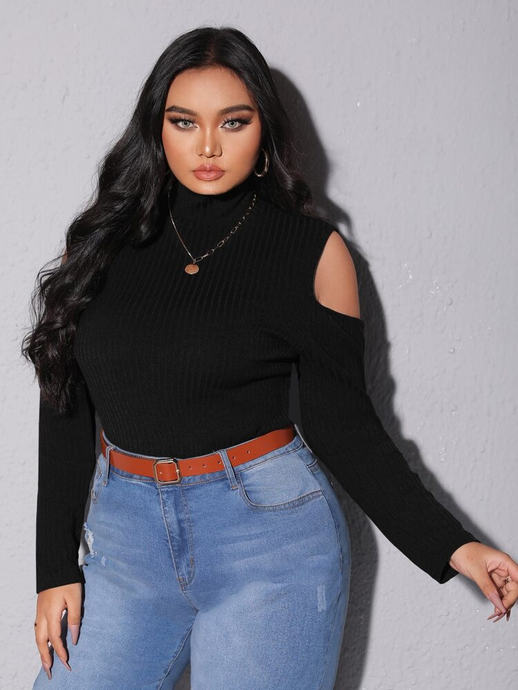 Plus Cold Shoulder Mock Neck Slim Tee | SHEIN