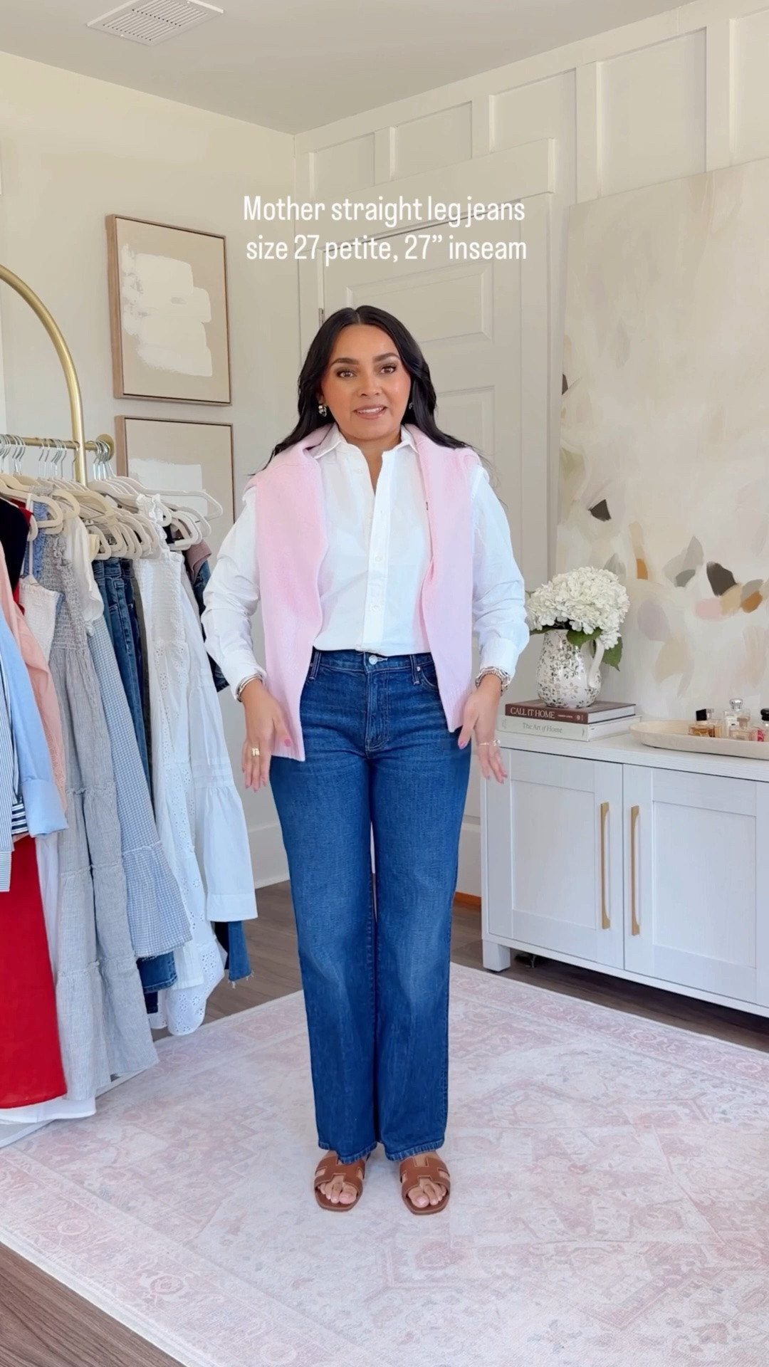White button down size 0 TTS
Pink sweater - old, similar linked
Straight leg blue jeans in color made in the shade size 27 petite - sized up one size
Brown sandals are Hermes, similar linked

#LTKootd #LTKgrwm #LTKPetite