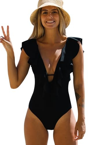 SPORLIKE Women One Piece Swimsuit V-Neck Ruffle Bathing Suit Padded Monokini | Amazon (US)