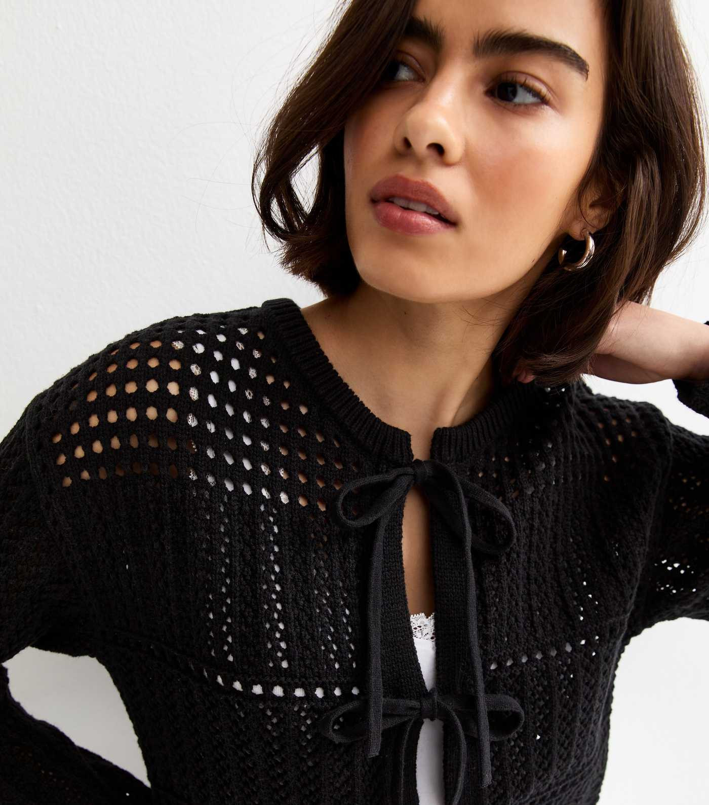 Black Cotton Rich Patterned Knit Tie Front Cardigan | New Look | New Look (UK)