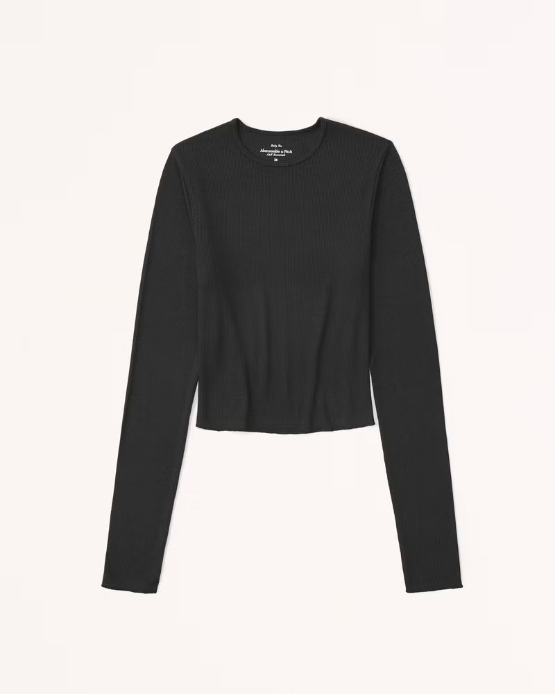 Abercrombie & Fitch Women's Long-Sleeve Featherweight Rib Cropped Crew Top in Black - Size M | Abercrombie & Fitch (US)