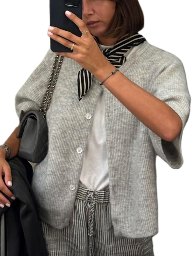 Women Knit Crop Cardigan Short Sleeve Button Down Sweater Open Front Pullover Top Fall Streetwear... | Amazon (US)