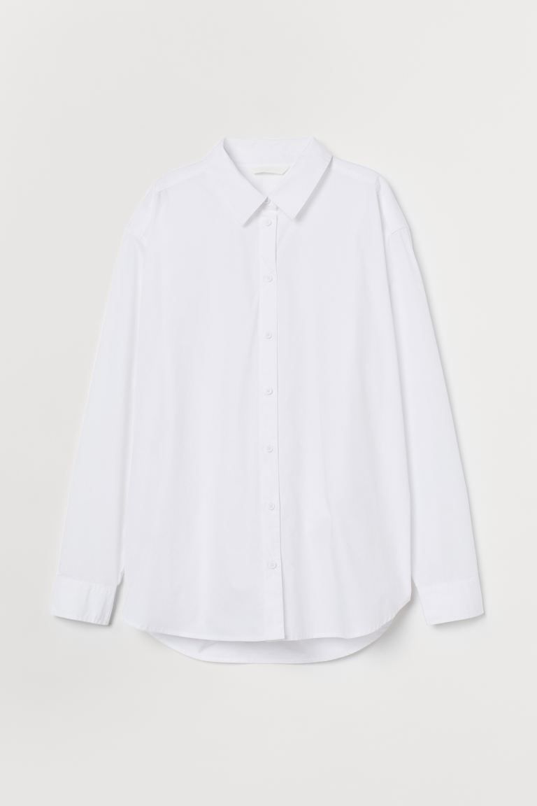 Straight-cut shirt in airy, woven cotton fabric. Collar, buttons at front, and double-layered yok... | H&M (US + CA)