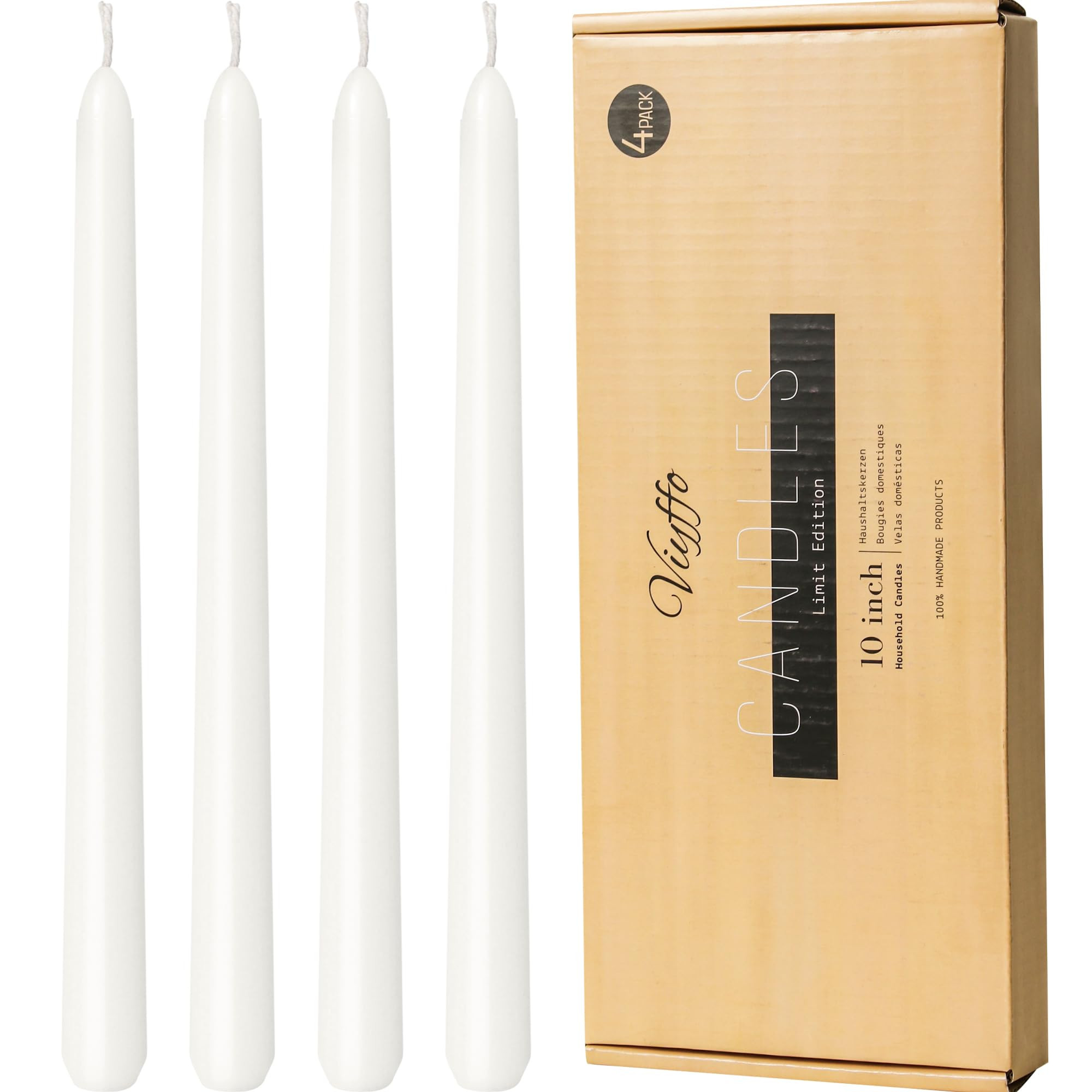 Viyffo Taper Candles 10 Inch – 4 Pack White, Dripless, Unscented, Smokeless – 8 Hour Burn –... | Amazon (US)