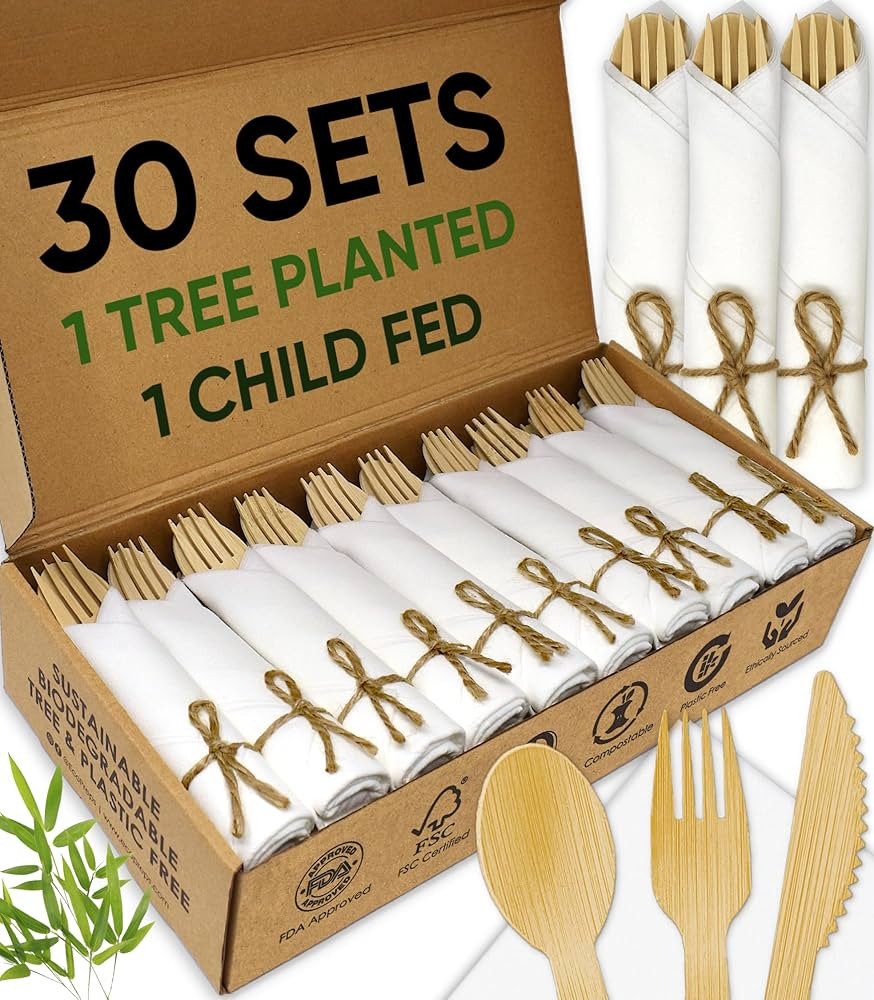 Premium Pre-Rolled Napkin and Bamboo Cutlery Set (30 Pack, 120 PCS) 100% Biodegradable, Eco-Frien... | Amazon (US)