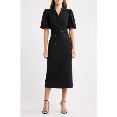 Eliza J Belted Puff Sleeve Midi Dress in Black at Nordstrom, Size 2 | Nordstrom