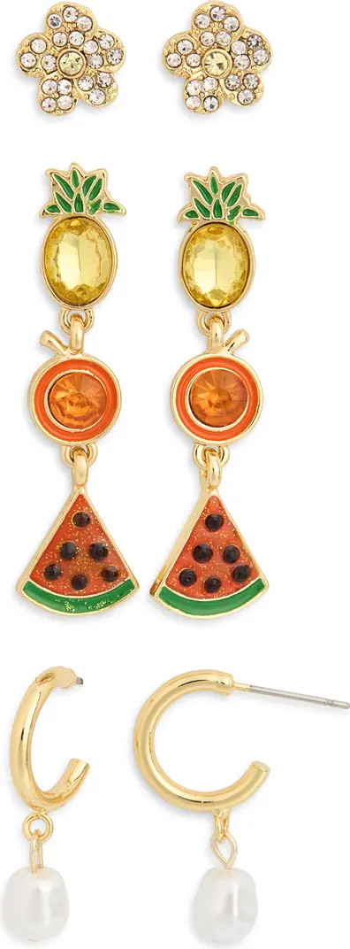 Set of 3 Flower Fruit Stud & Drop Earrings | Nordstrom Rack