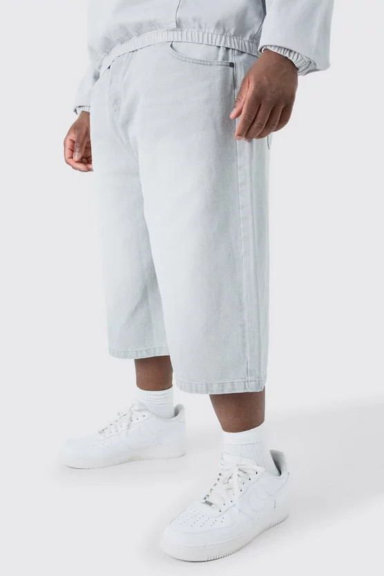 Plus Long Line Denim Jorts In Grey Wash | boohooMAN (US & Canada)