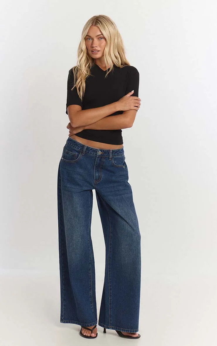 Dark Blue Wash Low Rise Wide Leg Jeans | PrettyLittleThing US