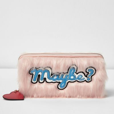 Pink faux fur 'Maybe' sequin zip purse | River Island (UK & IE)