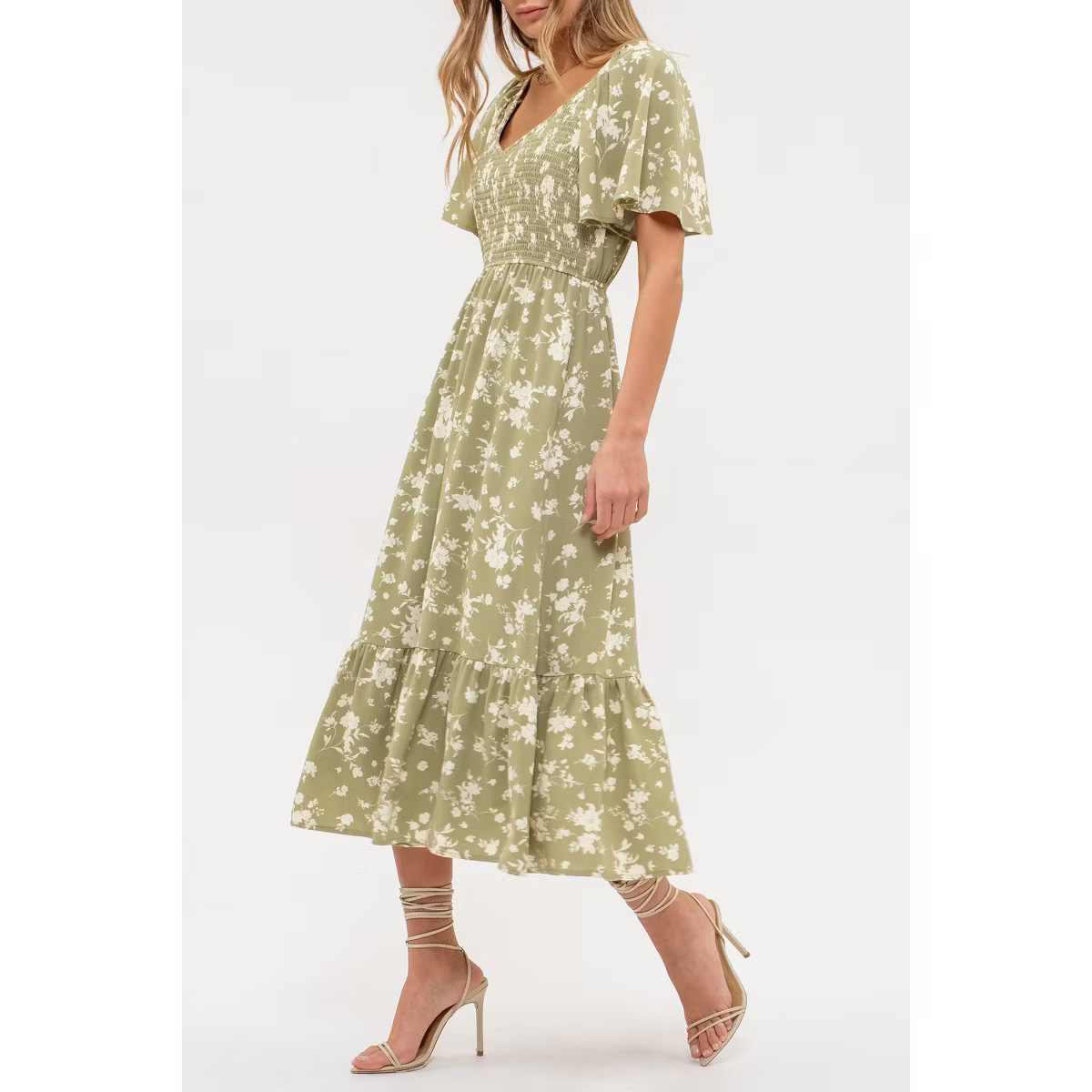 August Sky Women's Short Flounce Sleeves Floral Midi Dress, Light Olive, Medium | Target