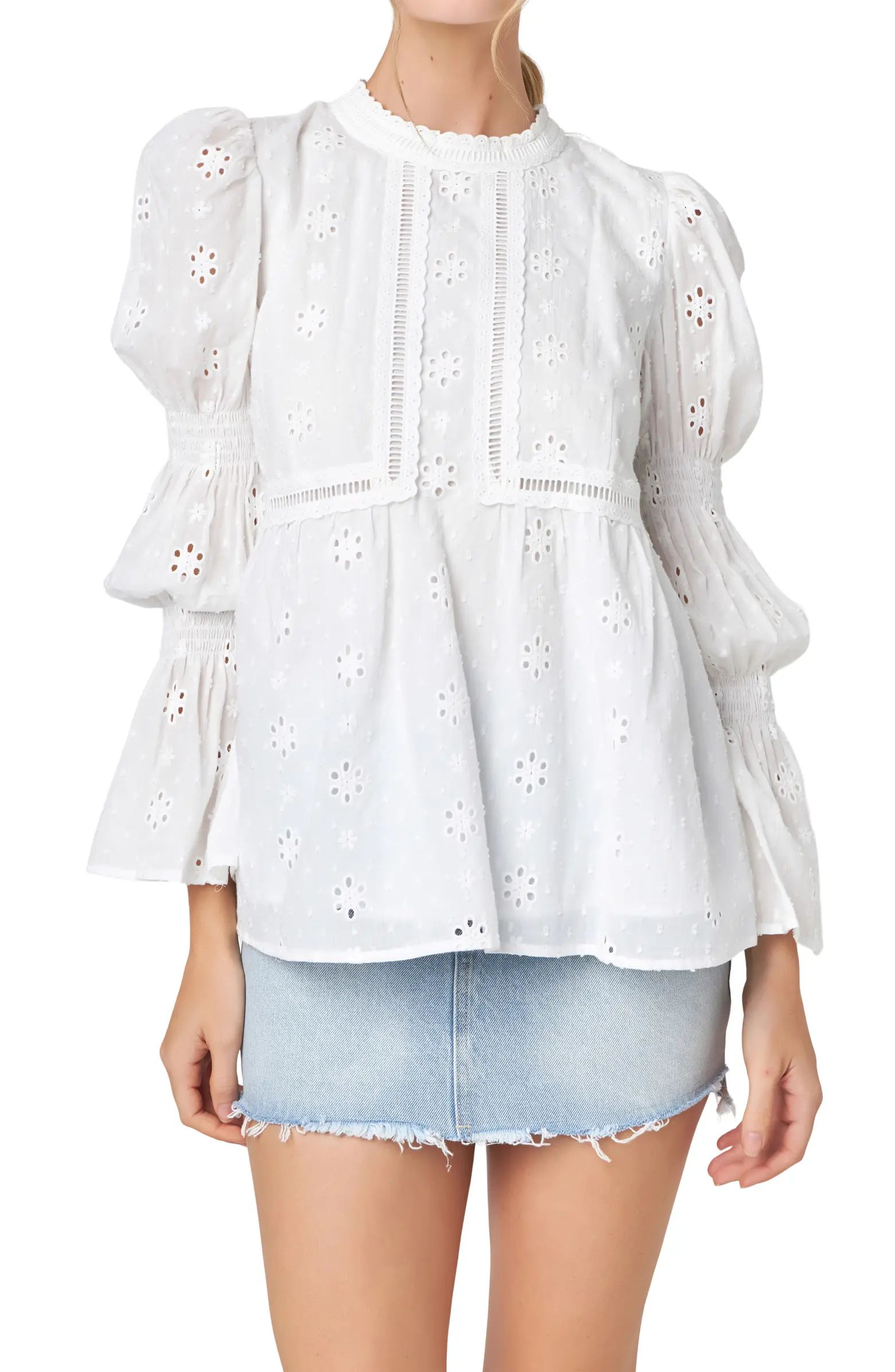 English Factory Eyelet Long Sleeve Cotton Top | Nordstrom | Nordstrom