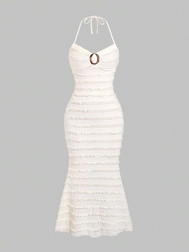 Sweetra Women Summer Halter Neck Dress With Circular Ring, Ruffle Hem And Elegant Style,Ladies Sexy Backless,Ring,Ruched Sleeveless Halter Slim Fit Long Coffee Plain,Striped Cami Women Long Dresses,Spring/Summer,Casual Daily Wear Maxi Women Outfit | SHEIN