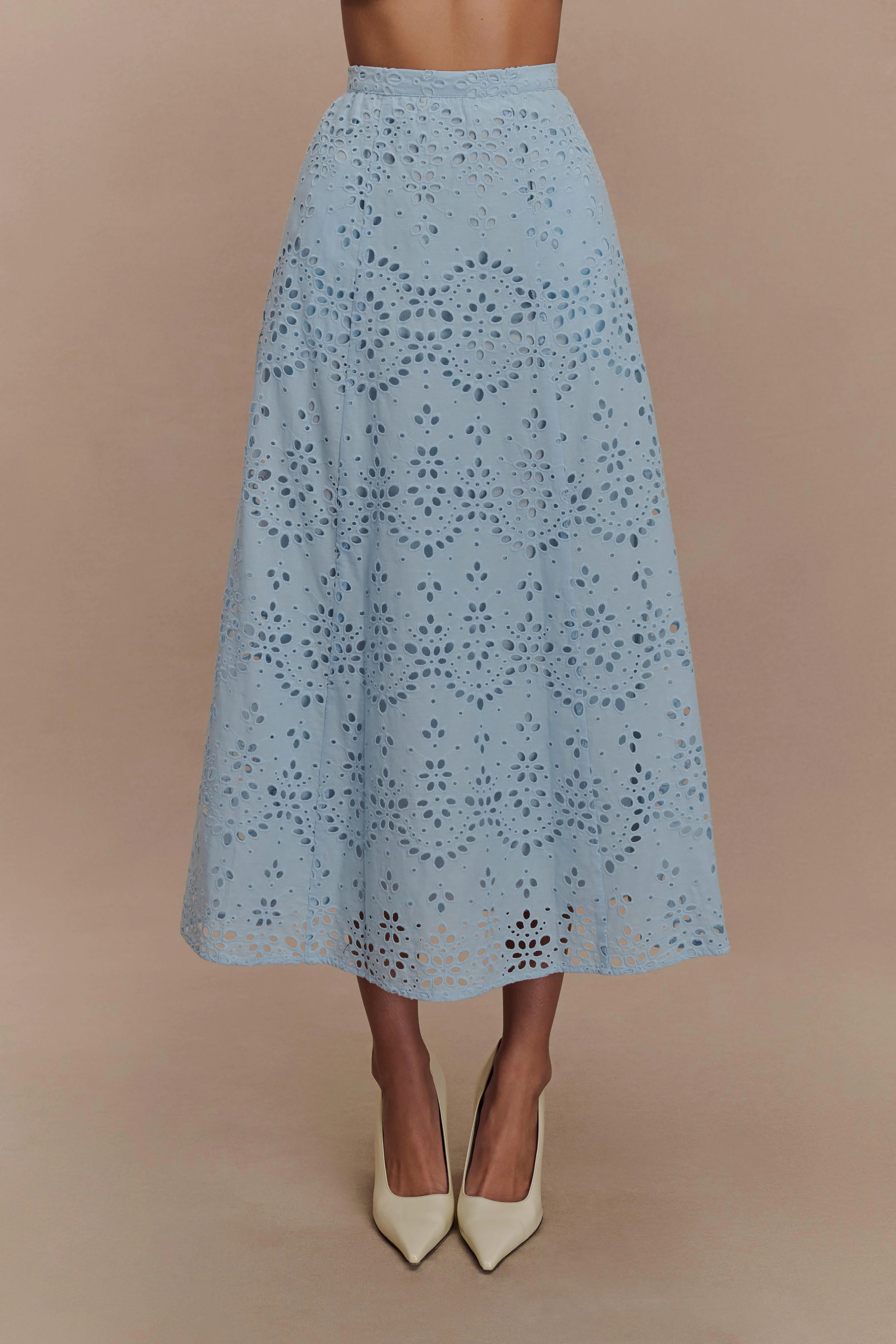 Arla Broderie Midi Skirt - Pale Cornflower Blue | Meshki UK