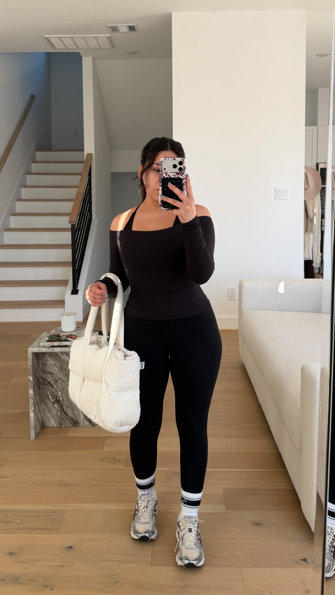 Leggings: small
Off the shoulder top: small
Sports bra: small
Sneakers: 6.5 women 
Grip socks 
Puffer tote gym bag 

#LTKdayinmylife #LTKgrwm #LTKActive