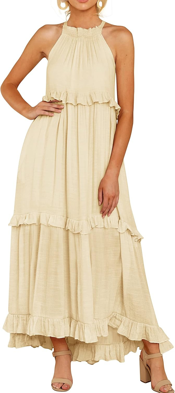 R.Vivimos Womens Summer Dress Cotton Sleeveless Halter Layered Ruffles Casual Boho Flowy Maxi Dre... | Amazon (US)