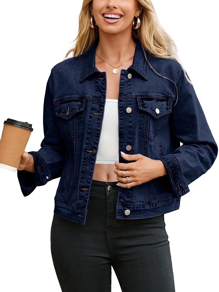 Glamaker Womens Jean Jacket 2025 Basic Trendy Long Sleeve Denim Jackets Button Down Fitted Trucke... | Amazon (US)
