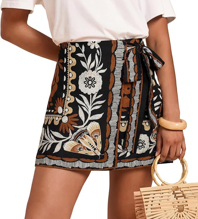 Womens Wrap Mini Skirt Boho Floral Printed Knot Side High Waist A Line Casual Summer Beach Short ... | Amazon (US)