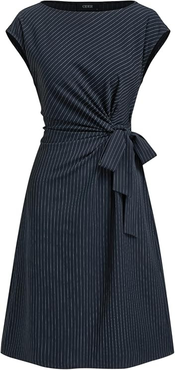 CIDER Midi Dress Women Striped Knotted Ruched Short Sleeve Boat Neck Tie Waist Daily Casual Elega... | Amazon (US)