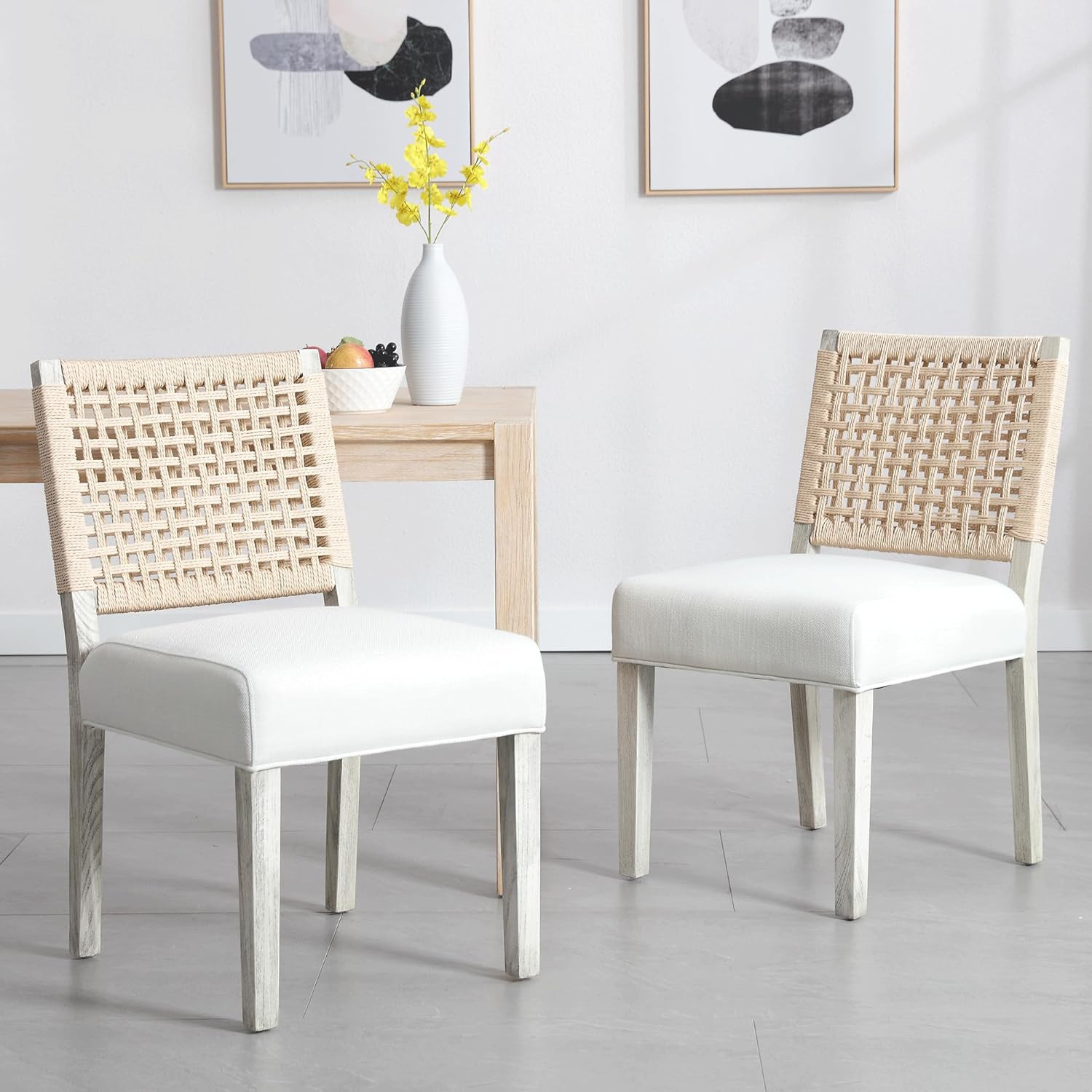 Modern Farmhouse Dining Chairs Set of 2, Upholstered Linen Kitchen Chairs with Woven Back, Solid ... | Amazon (US)