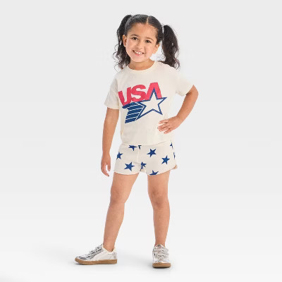 Toddler Girls' 2pc Americana USA Short Sleeve T-Shirt and Star Shorts Set - Red/White/Blue | Target