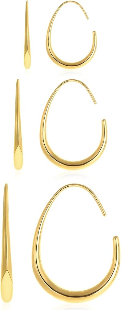 3 Pairs Teardrop Hoop Earrings Set for Women Gold Silver Oval Hoops Pull Through Chunky Dangle St... | Amazon (US)