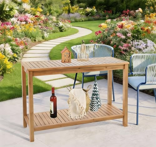FURNDOOR Patio Console Table 2 Shelf - 45'' Outdoor Rectangular Console Table Dining Table Long Bar Table Wooden for Backyard, Balcony, Poolside (Brown) | Amazon (US)