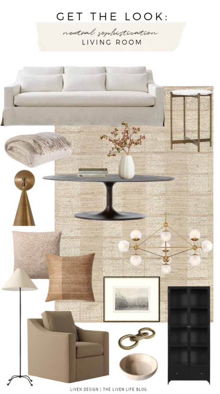 Neutral sophisticated living room. Home decor. Living room decor. Interior design. Woven textured neutral rug. Slipcovered sofa. Side table. Brass accent table. Brass shade wall sconce. Glass coffee table. Ceramic vase. Globe chandelier. Textured pillows. Accent chair. Floor lamp. Modern traditional. Glass cabinet. Display cabinet. Landscape sketch art. Coffee table books. Coffee table decor. Throw blanket. 

#LTKSeasonal #LTKHome #LTKSaleAlert