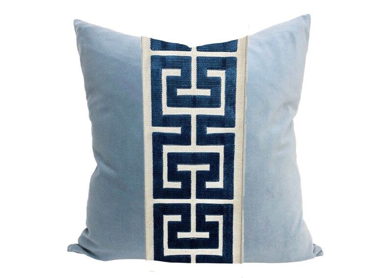 Light Blue Velvet Pillow Cover with Large Greek Key Trim | Etsy (US)