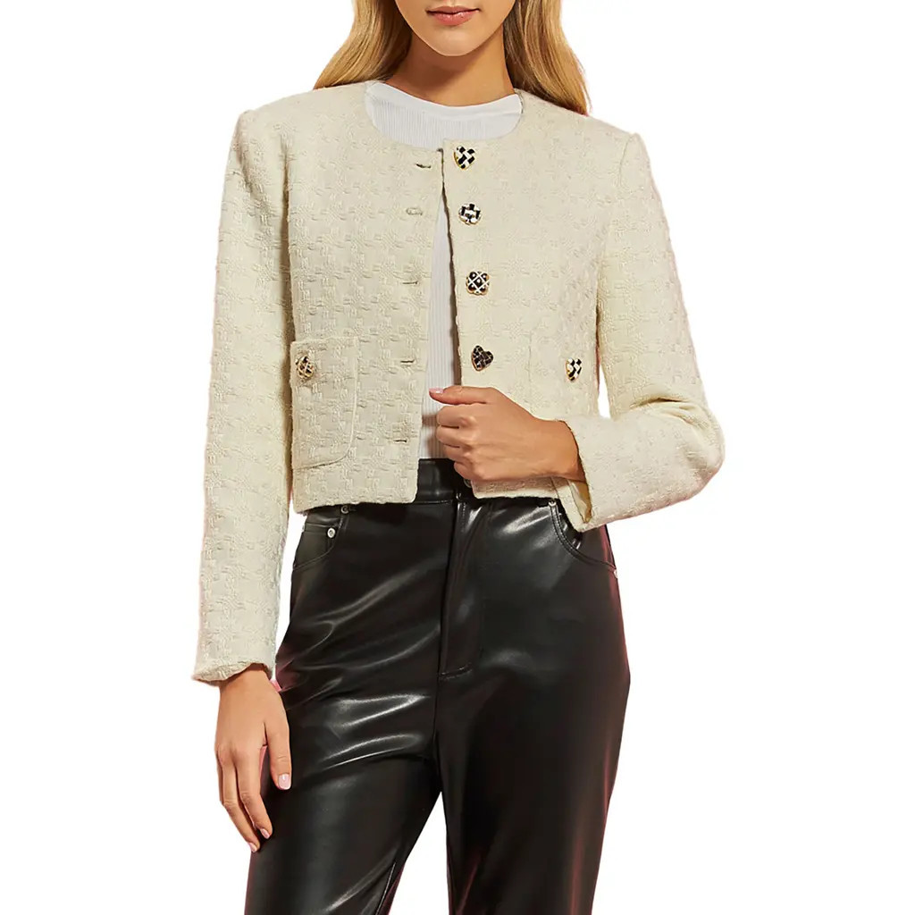 English Factory Premium Textured Houndstooth Crop Jacket in Ivory at Nordstrom, Size Small | Nordstrom