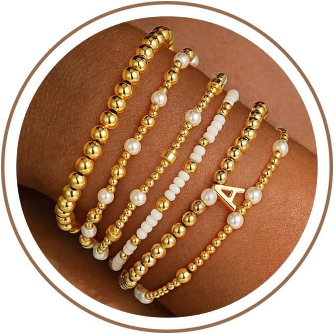 18K Gold Plated Beaded Stretch Initial Bracelet for Women Gifts | Amazon (US)