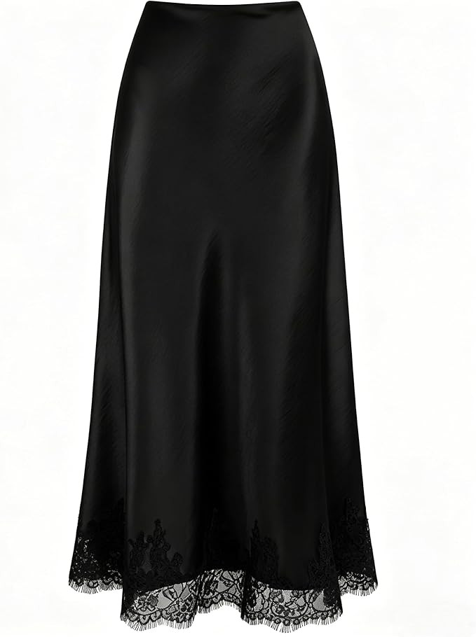VividMosaic Lace Trim Satin Midi Skirt Patchwork Elastic High Waisted 2026 Elegant Casual Long Sk... | Amazon (US)