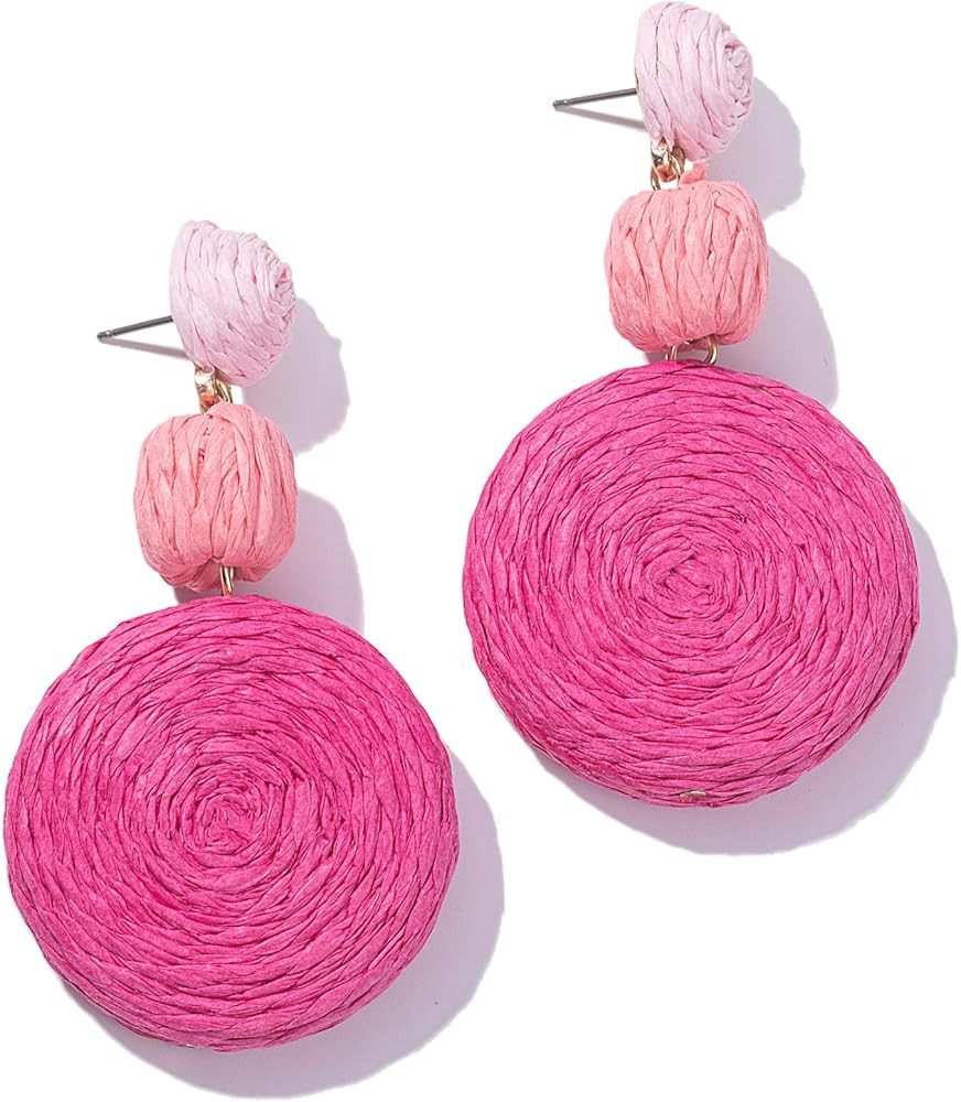 Statement Raffia - Aretes redondos de bola colgantes de rafia, bonitos aretes bohemios hechos a m... | Amazon (US)